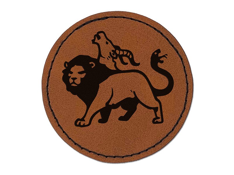 Chimera Greek Mythological Creature Beast Round Iron-On Engraved Faux Leather Patch Applique - 2.5&#x22;