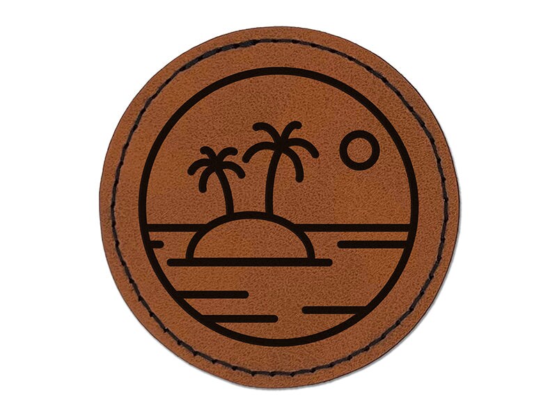 Deserted Island in Ocean Round Iron-On Engraved Faux Leather Patch Applique - 2.5&#x22;