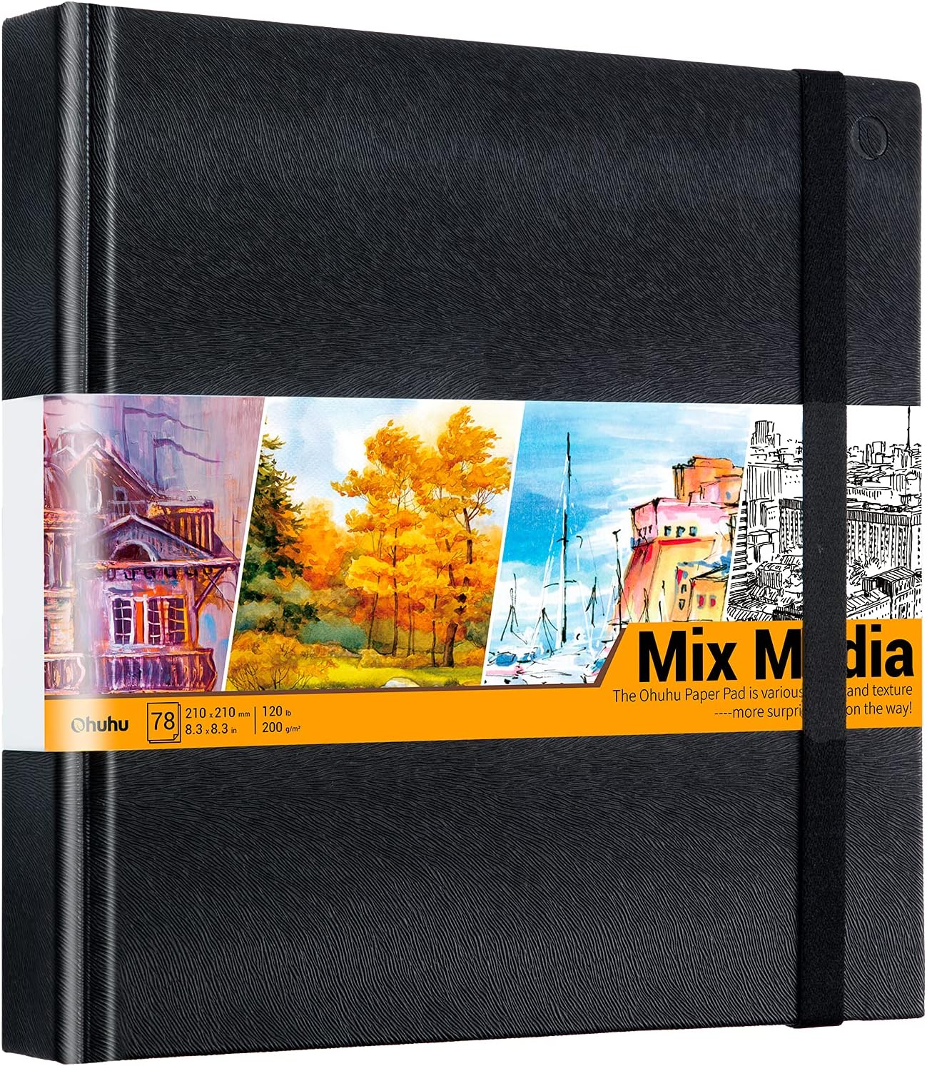 Mix Media Pad Ohuhu Square 8.3&#x22;x8.3&#x22; Mixed Media Art Sketchbook 120 LB/200 GSM Heavyweight Papers 78 Sheets/156 Pages PU Hardcover Mixed Media Paper Pad for Acrylic Painting Christmas Gift