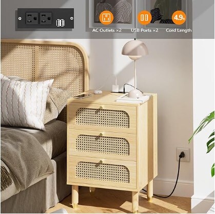 Mid Century Modern Night Stand Rattan Nightstand with Charging Station, 3 Drawers Bedroom Side Table Bohemian Design