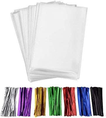 200 Pcs 10 in x 6 in(1.4mil.) Clear Flat Cello Cellophane Treat Bags Good for Bakery, Cookies, Candies,Dessert with five random color Twist Ties!
