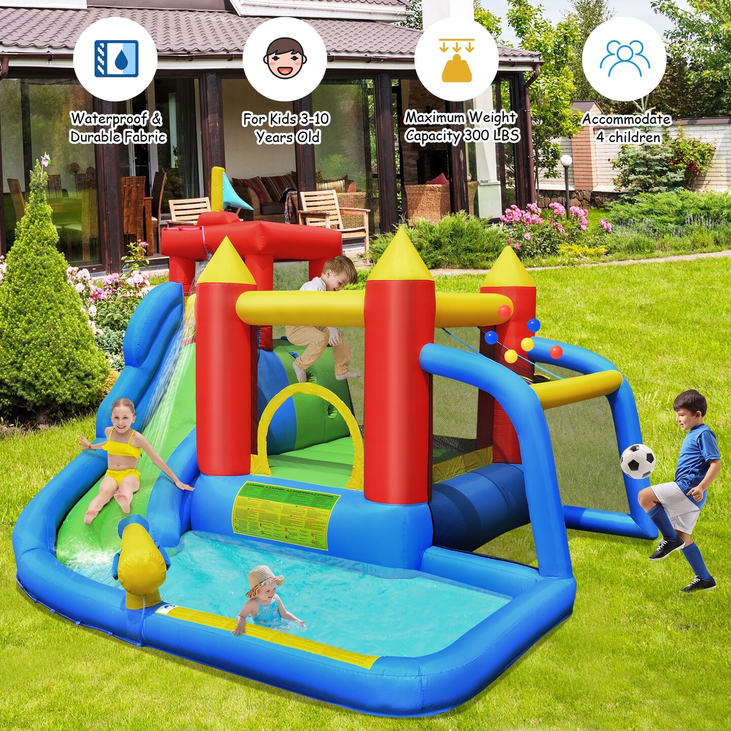 Kids 6-in-1 Inflatable Castle Slide Jump Climb Water Pool Ball Play 3-10 Years