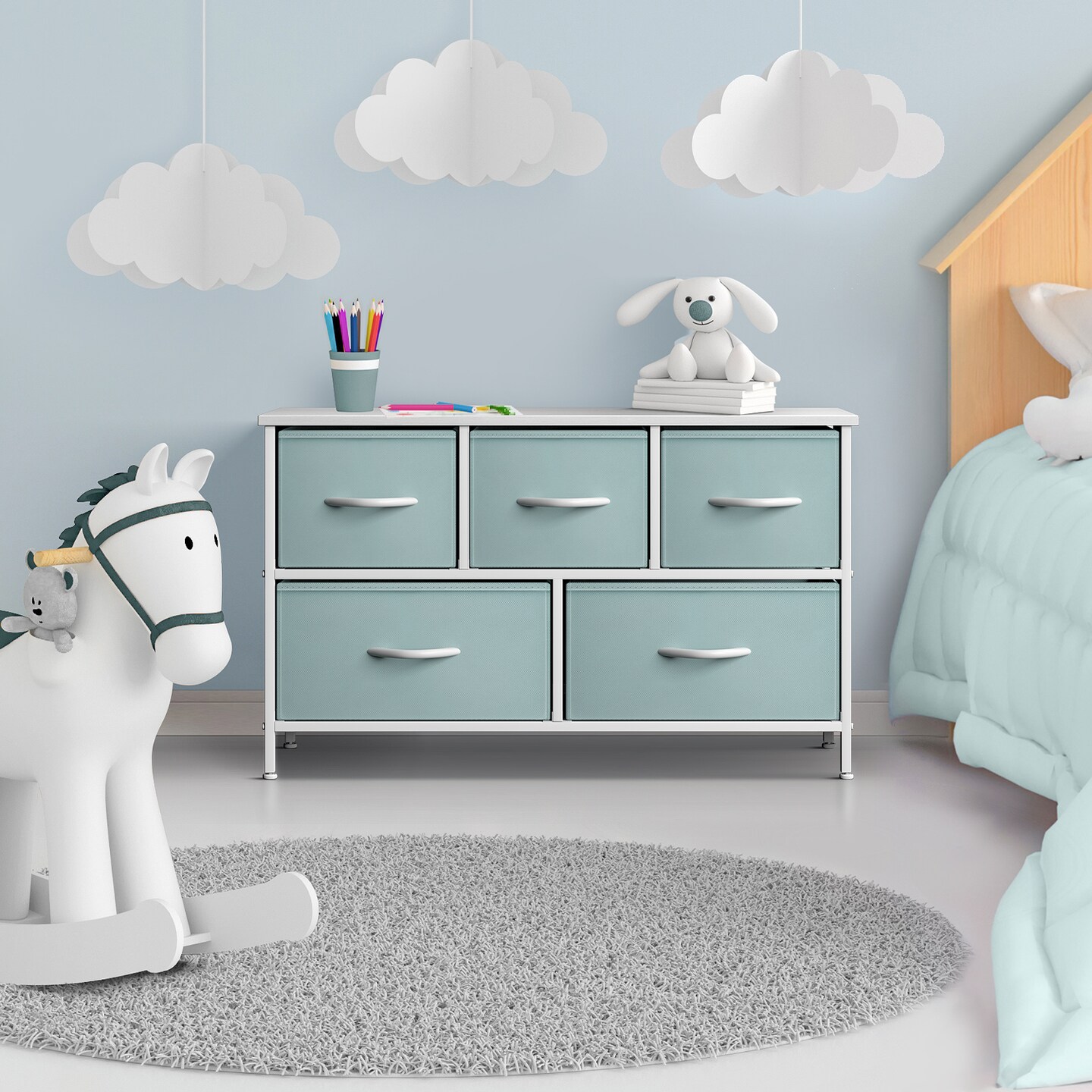 Sorbus Dresser with 5 Drawers - Storage Chest Organizer Unit with Steel Frame, Wood Top, Easy Pull Fabric Bins - Long Wide TV Stand for Bedroom Furniture, Hallway, Closet & Office Organization