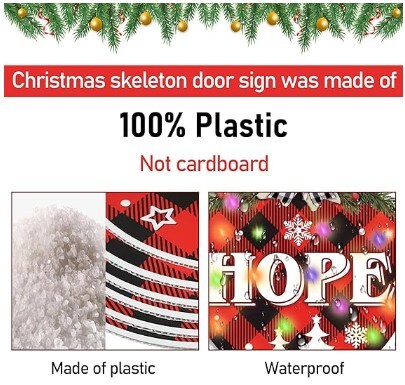 Christmas Hanging Sign Decorations with String Lights Red Black Plaid Front Door Sign Plastic Peace Love Joy Welcome Wreath Sign for Xmas Holiday Party Porch Windows Walls Decor Supplies 6 Pcs