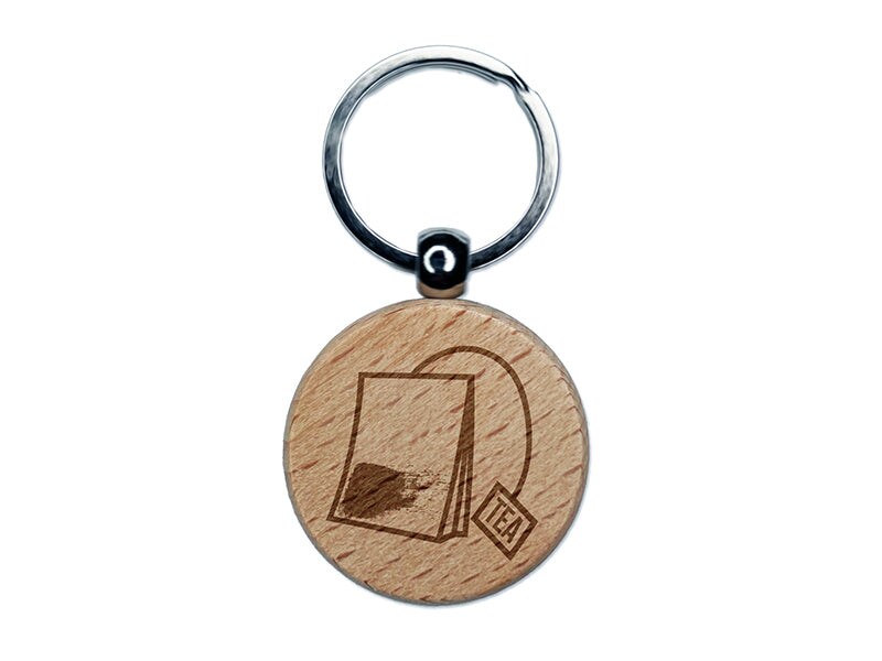 Cute Tea Bag Engraved Wood Round Keychain Tag Charm