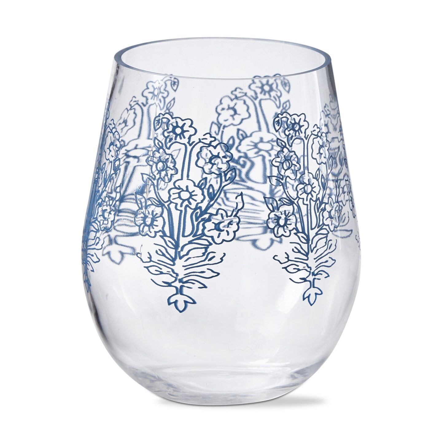18 oz. Cottage Blue and White Floral Acrylic Stemless Wine Hand Wash Beverage Glassware  Dinner Party Wedding Resturant