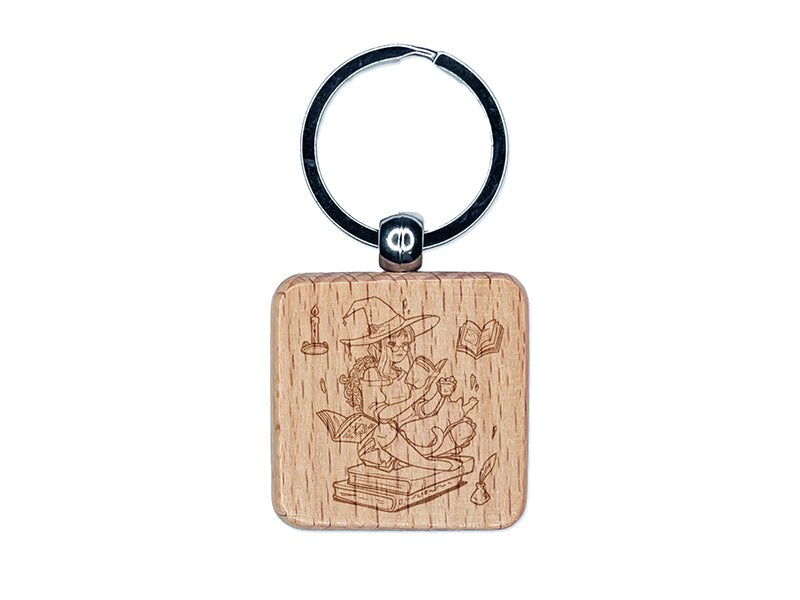 Studious Witch Reading Books with Cat Halloween Engraved Wood Square Keychain Tag Charm