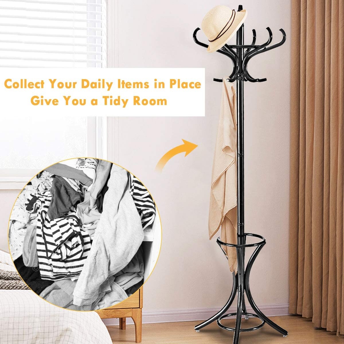 Wooden Freestanding Hat Coat Rack with Umbrella Stand Perfect for Any Room