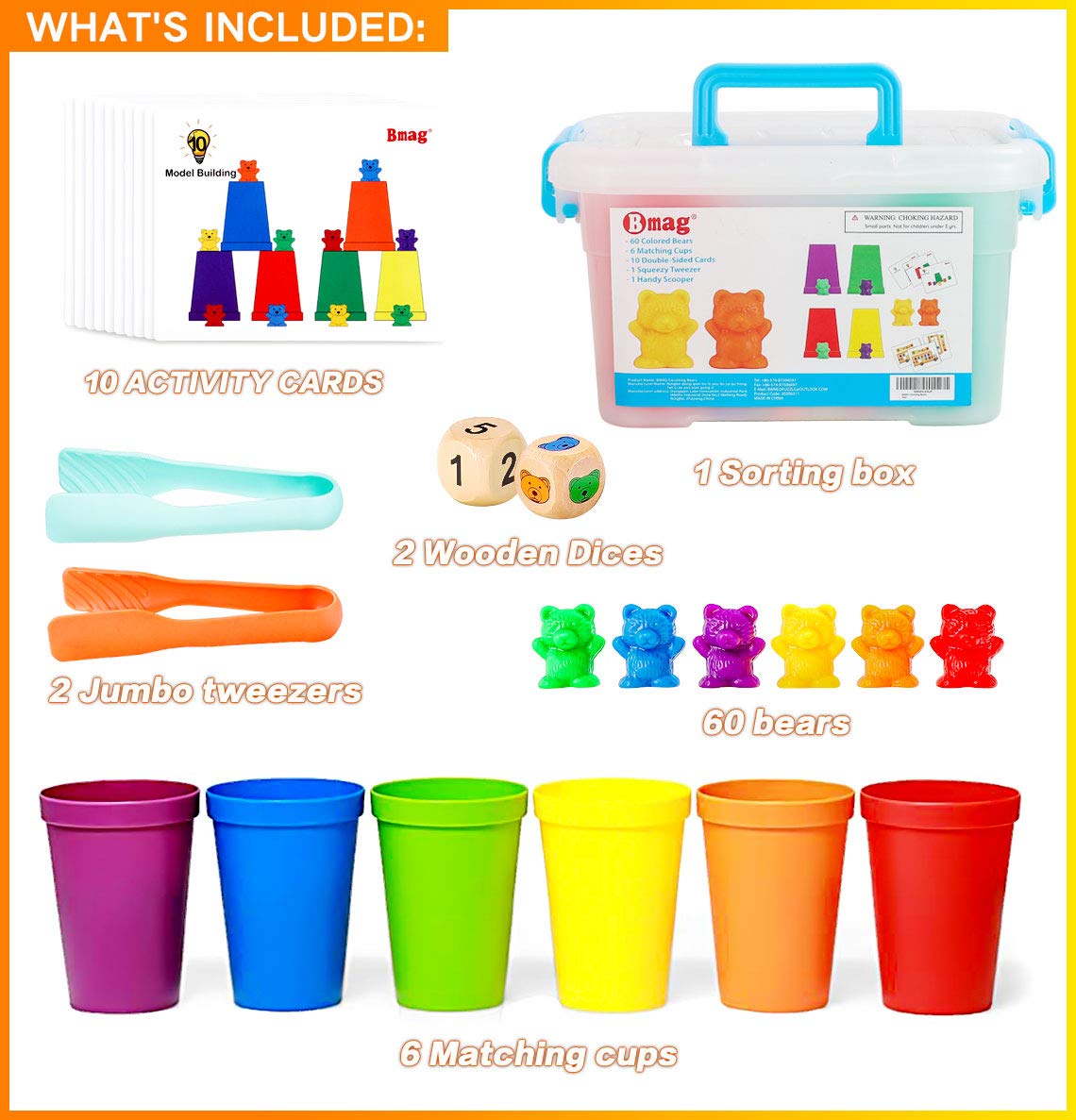 Bmag Counting Bears with Matching Sorting Cups,Pre-School Math Learning Games with 2 Dices,Color Recognition STEM Educational Toy for Toddler Bonus Tweezers, Storage Box, Activity Cards
