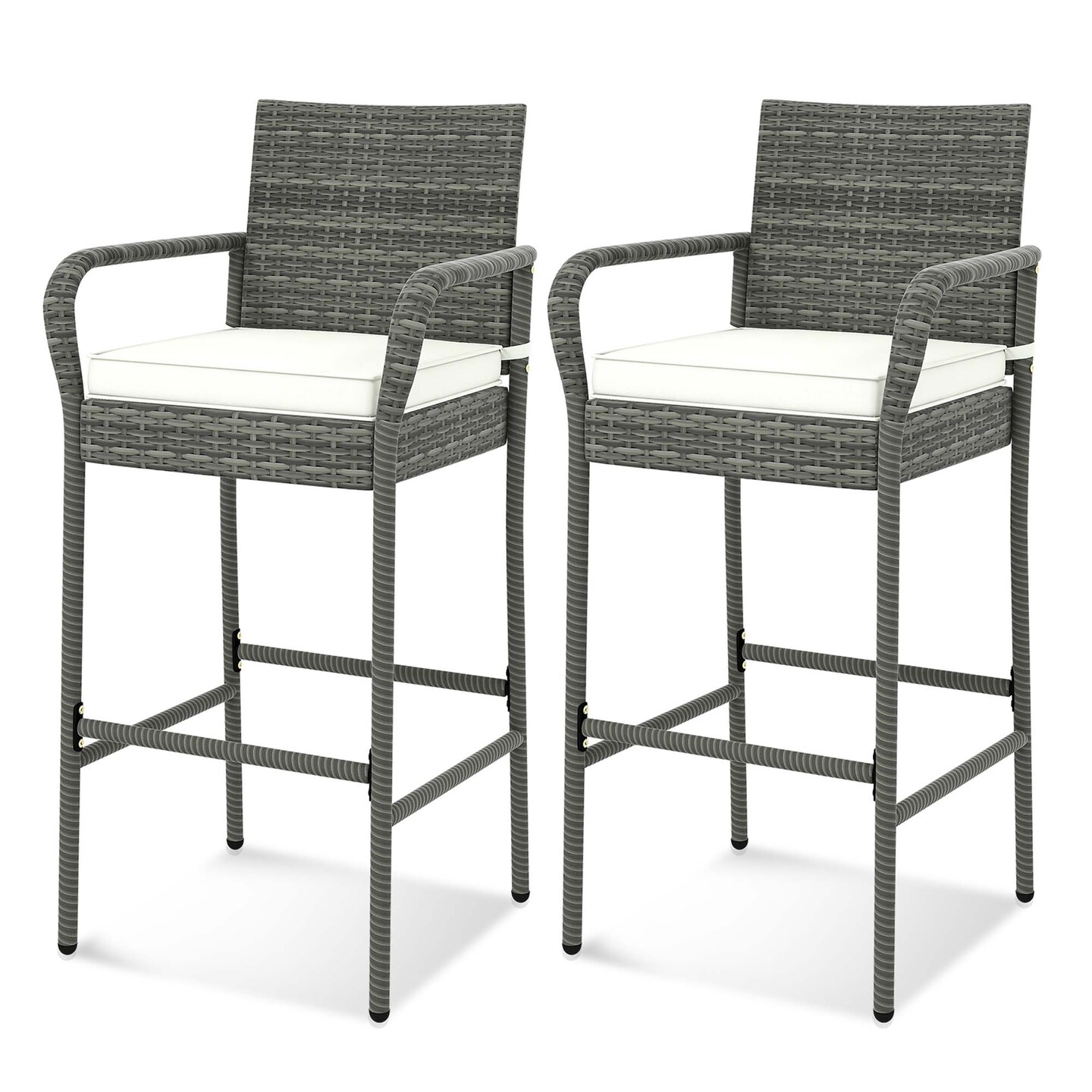Costway 2/4 PCS Patio PE Wicker Bar Chairs Counter Height&#xA0;Barstools With Armrests &#x26;Cushions