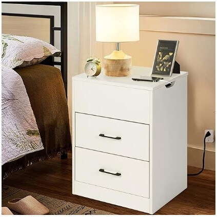 Lift Top Bedside Table/Modern End Table with 2 Drawers for Bedroom Living Room, White