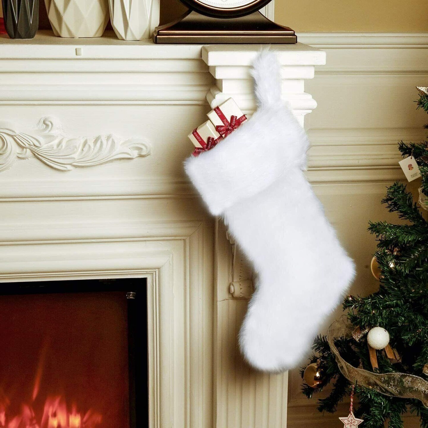Large Set of 2 White Faux Fur Christmas Stockings 20&#x22;