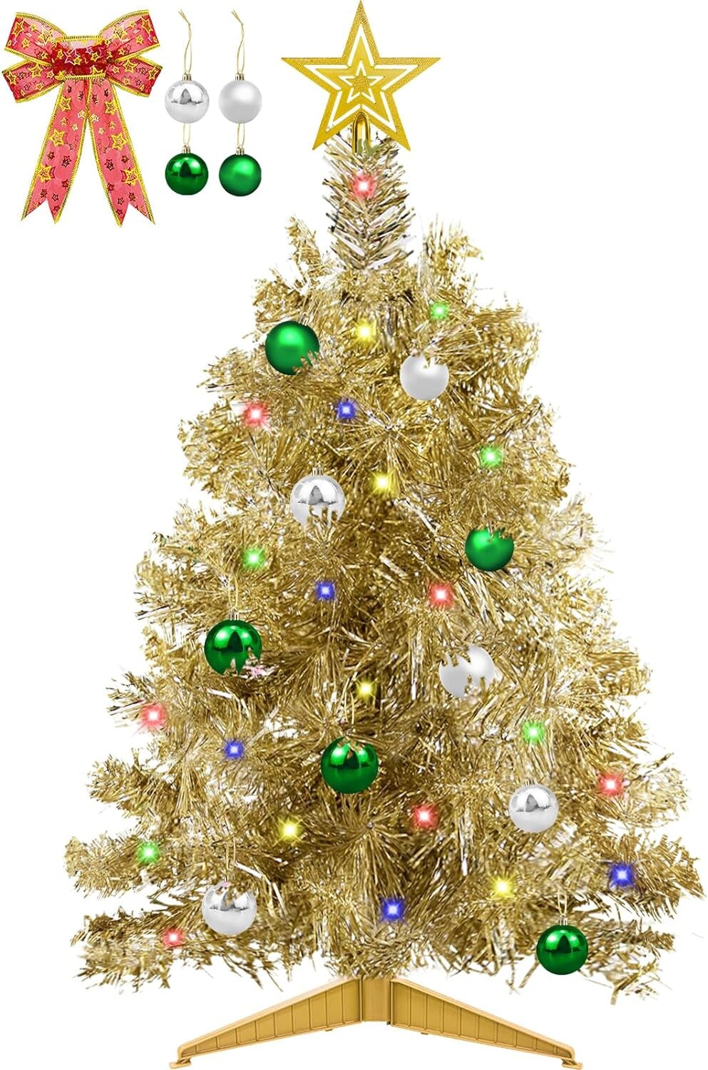 22 Inch Tabletop Christmas Tree with Timer 30 LED DIY Warm Lights Glitter  Red Ribbon 15 Ball Ornaments 12 Clips Star Mini Small Christmas Tree Xmas  Decorations Home Indoor Holiday Party(Green)