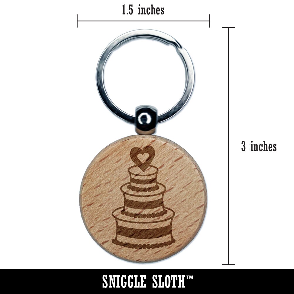 Wedding Cake with Heart Engraved Wood Round Keychain Tag Charm