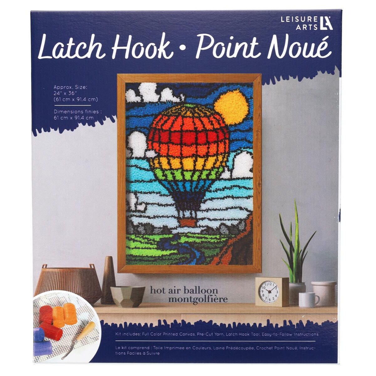 Leisure Arts Latch Hook Kit Hot Air Balloon, 24&#x22; x 36&#x22;, Latch Hook Kit, Latch Hook Rug Kits, Rug Making Kit, Latch Hook Kits for Adults, Latch Hook Kits for Adults Beginners