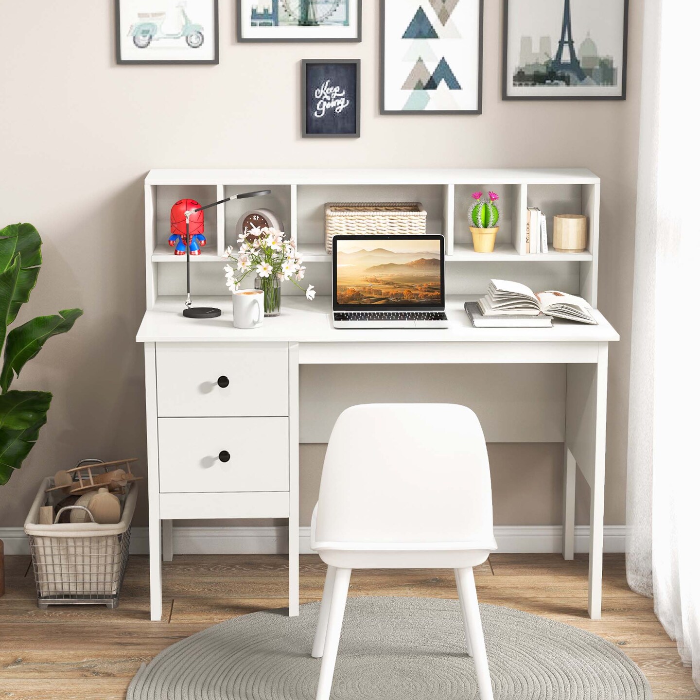 Costway Computer Desk 48&#x22; Writing Table w/ Power Outlets 5-Cubby Hutch 2 Storage Drawers