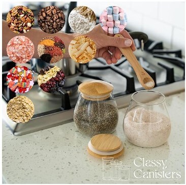 Set of 3 Small Glass Jars with Bamboo Lids - Decorative 13 Ounce Borosilicate Glass Canisters with Airtight Lids - Modern Bamboo Glass Storage Containers for Coffee, Sugar, Candy, Rice, Pasta, and More