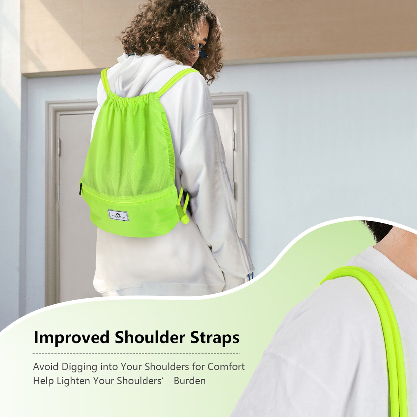 Costway Drawstring Backpack String Bag Folding Sports Sack w/Zipper Pocket Black\Blue\Green\Pink