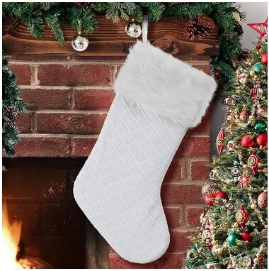 20.5 Inch White Christmas Stocking with Faux Fur Border Trim Handicraft Xmas Tree Decoration Ornaments
