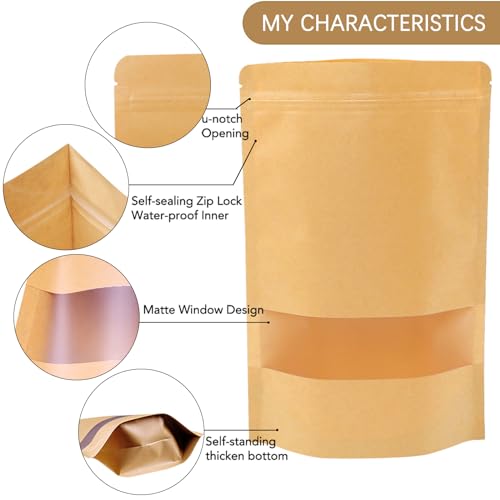 72 Pieces Stand Up Pouches, Kraft Paper Bags with Window for Coffee, Brown Resealable and Ziplock Stand Up Bags for Home or Business, 7&#xD7;10 Inches for Packaging