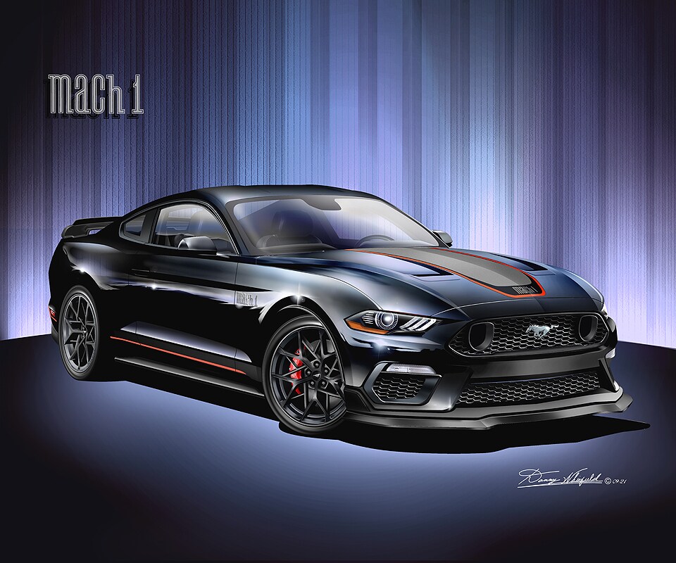 product name is 2023  Ford Mustang Art Prints by Danny Whitfield | MACH 1 - Shadow Black | Car Enthusiast Wall Art