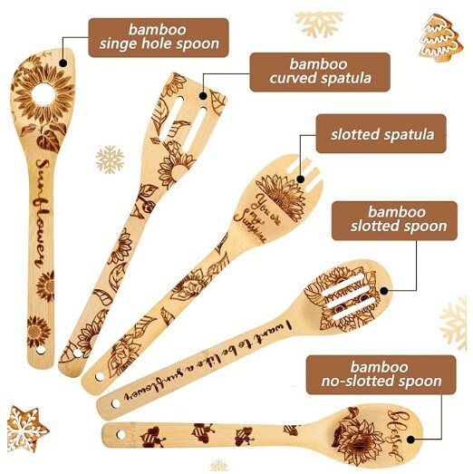 Sunflower Wooden Spoons Set of 5 Burned Cooking Utensil