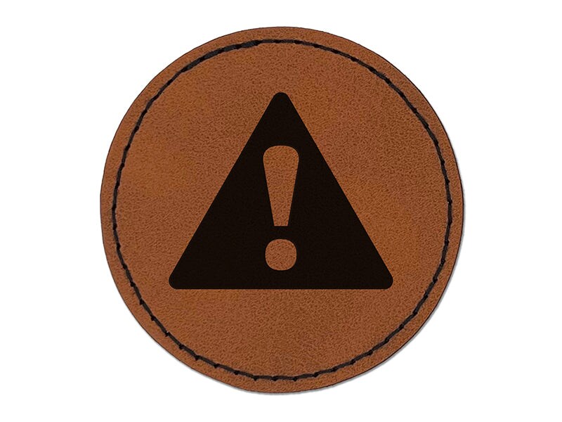 Warning Symbol Exclamation Mark Round Iron-On Engraved Faux Leather Patch Applique - 2.5"
