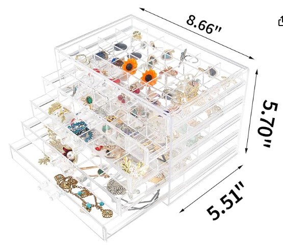 Acrylic Jewelry Holder Clear Jewelry Storage with 5 Drawers for Women, Girls, and Men