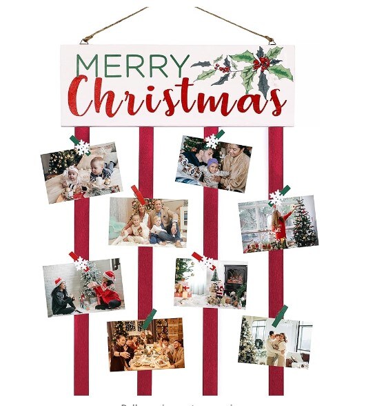 Wall Mounted Christmas Card Holder Merry Christmas Wooden Picture Hanging Holder with 24 Clips for Holiday Decorations