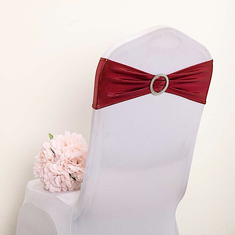 Metallic Silver Spandex Chair Sashes with Round Buckles for Wedding Decor