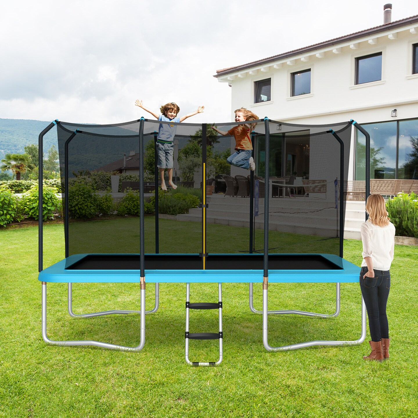 8 x 14 Feet Rectangular Recreational Trampoline with Safety Enclosure Net and Ladder