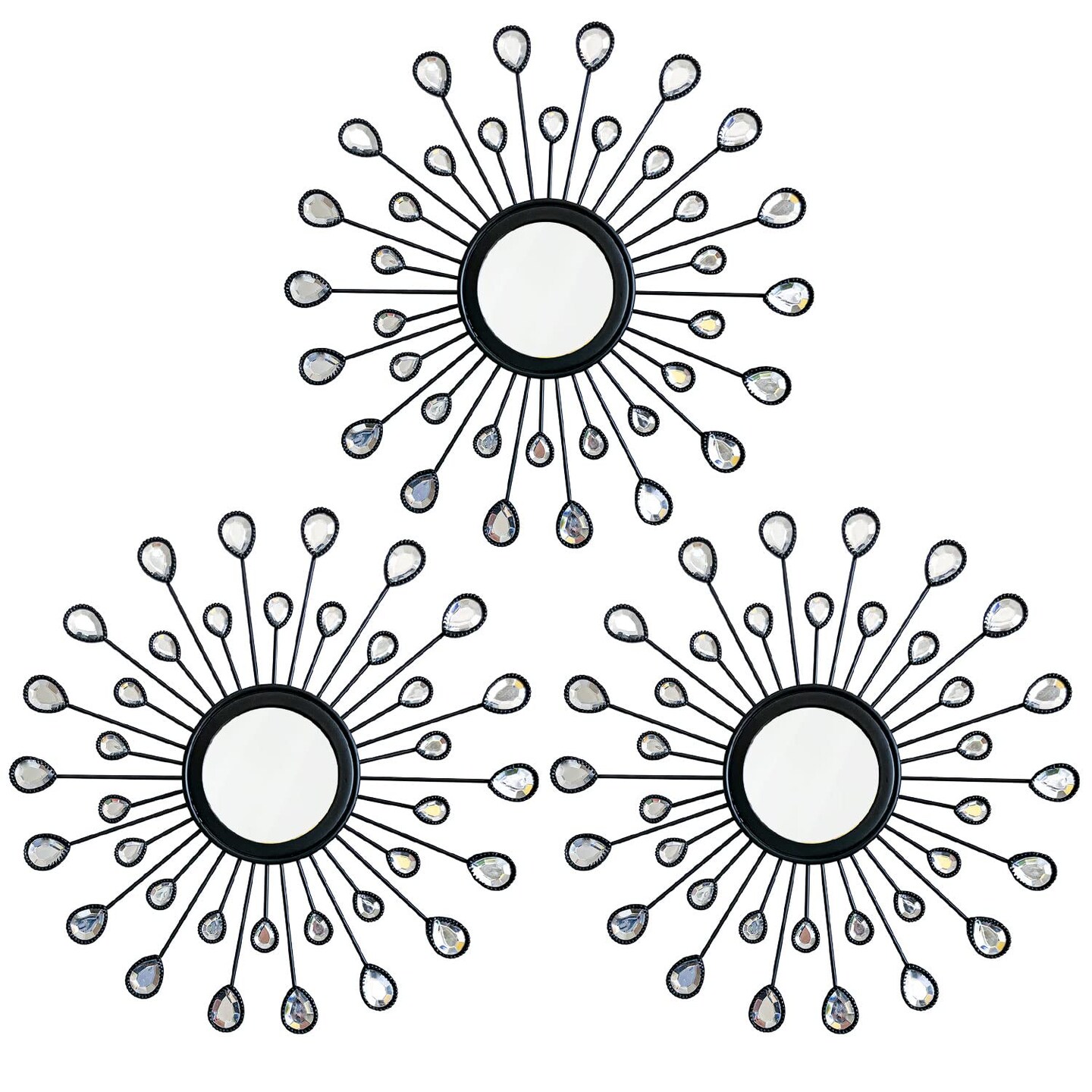 3 Pack Metal Wall Mirrors Rhinestones Starburst Mirror Set Bling Home Decorative Hanging Wall Art for Living Room Bedroom-Water-Drop Burst Black