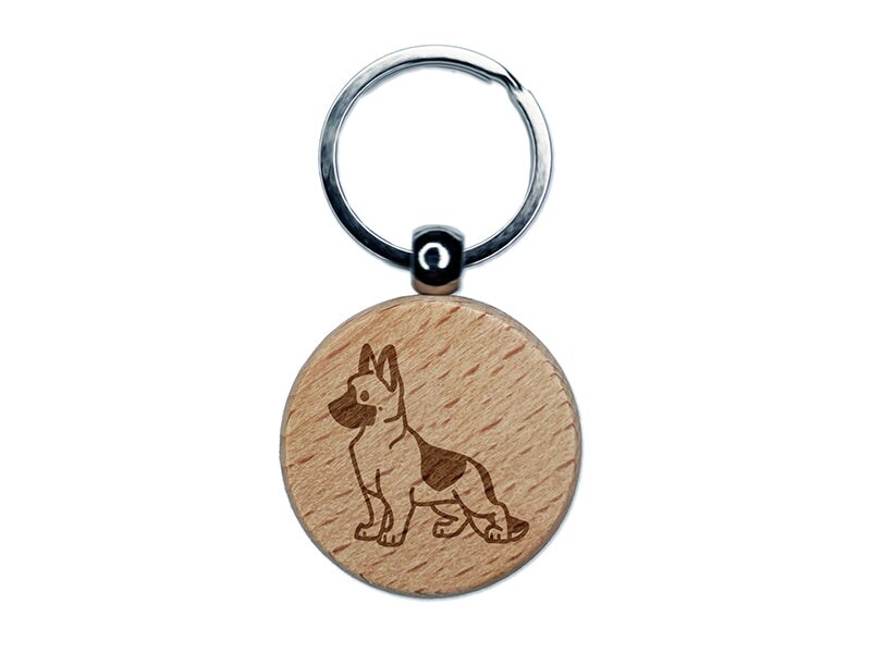 German Shepherd Standing Dog Engraved Wood Round Keychain Tag Charm