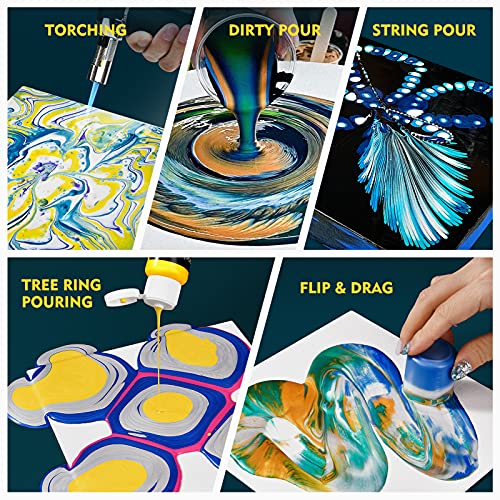 Metallic Acrylic Pouring Paint with Acrylic Pouring Oil, 14 Metallic Colors(60 ml/2 oz) Pre-Mixed High Flow Pour Paint for Halloween Decorations, Acrylic Pouring Paint Supplies for Canvas, Wood, Rocks & More