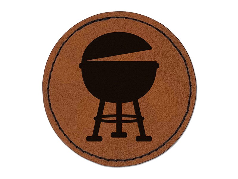 BBQ Barbecue Grill Round Iron-On Engraved Faux Leather Patch Applique - 2.5&#x22;