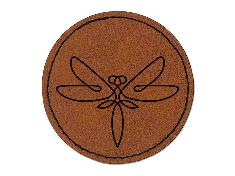 Elegant Abstract Dragonfly Line Art Round Iron-On Engraved Faux Leather Patch Applique - 2.5&#x22;