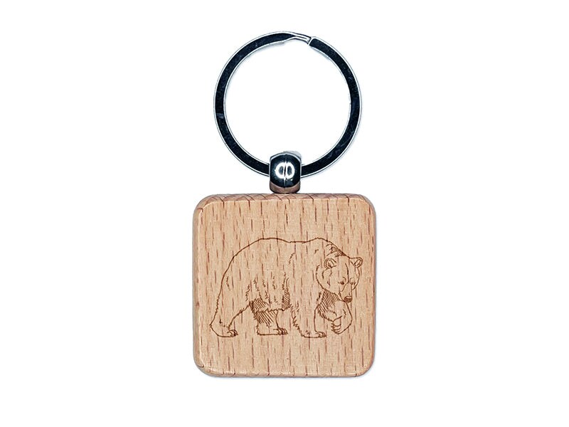 Curious Grizzly Bear Engraved Wood Square Keychain Tag Charm