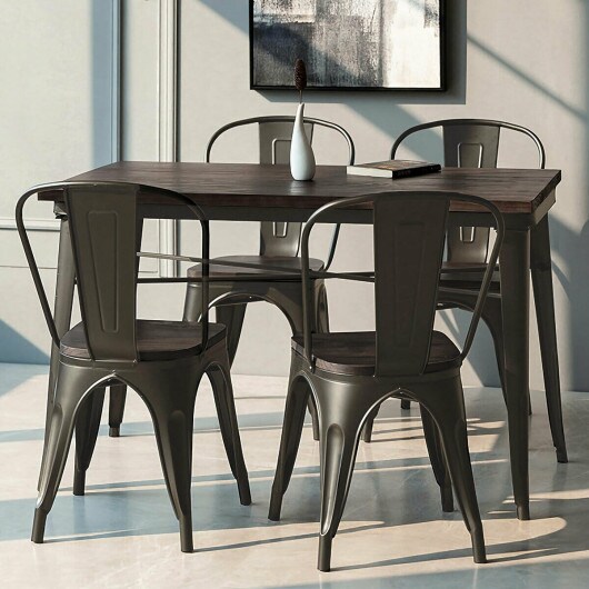 4 Pieces Metal Dining Chairs Stackable Wood Seat Industrial Kitchen Cafe