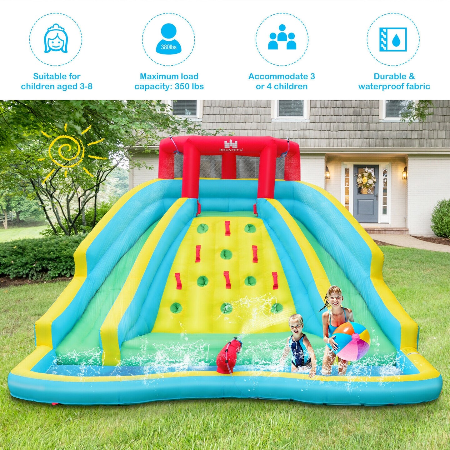 Kids Backyard Water Park Slide Bouncer 2 Curved Slides Splash Pool 3-8 Yrs