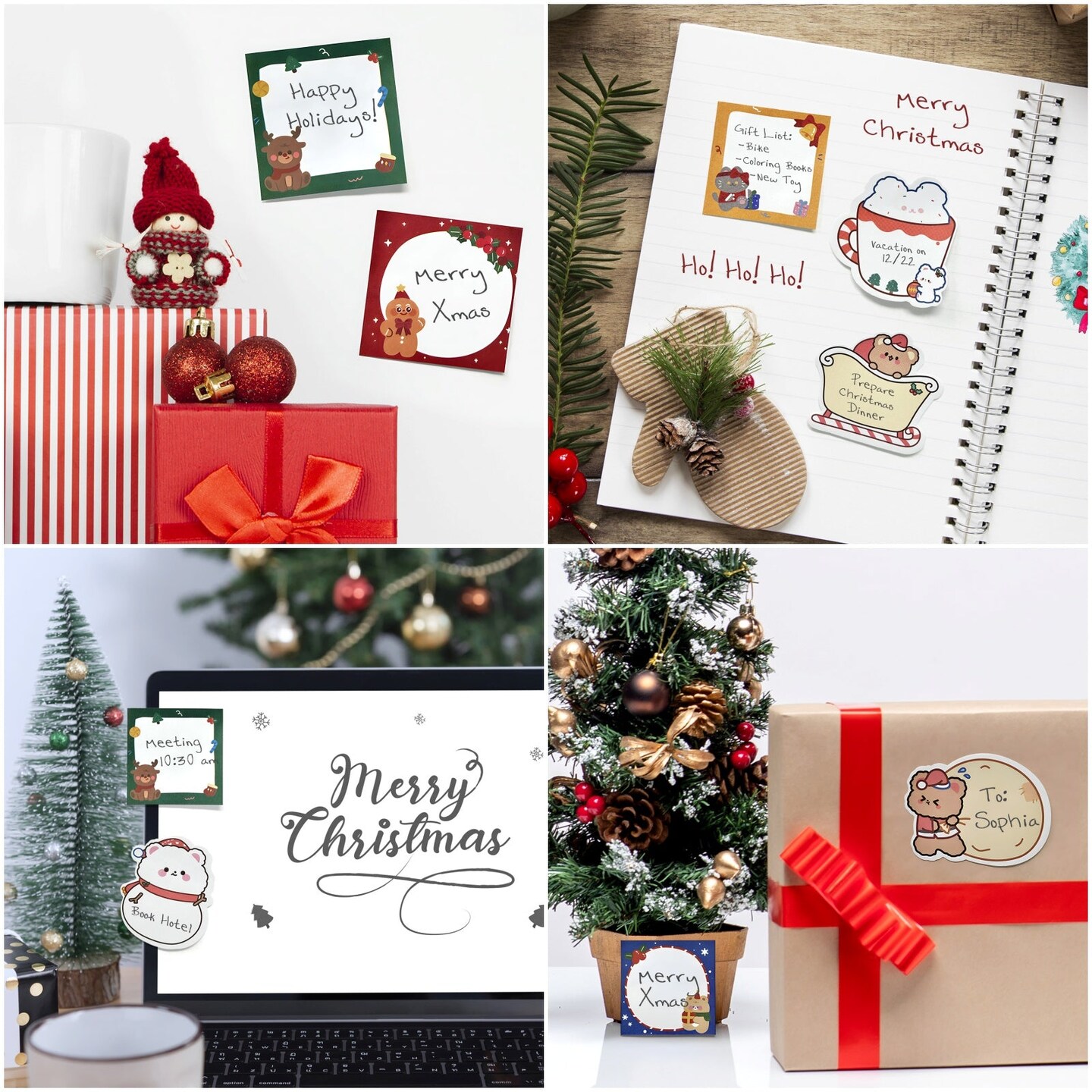 Wrapables Happy Holidays Christmas Sticky Notes, Adhesive Winter Holiday Memo Notepads for Home, Office, Work, Cute Buddies 8pc