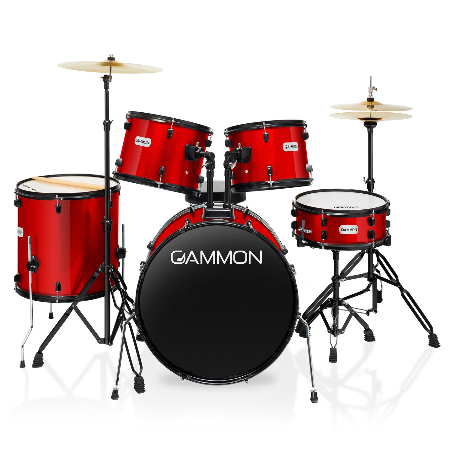 Gammon Percussion Full Size Complete Adult 5-Piece Drum Set with Cymbals, Stands, Stool, and Sticks