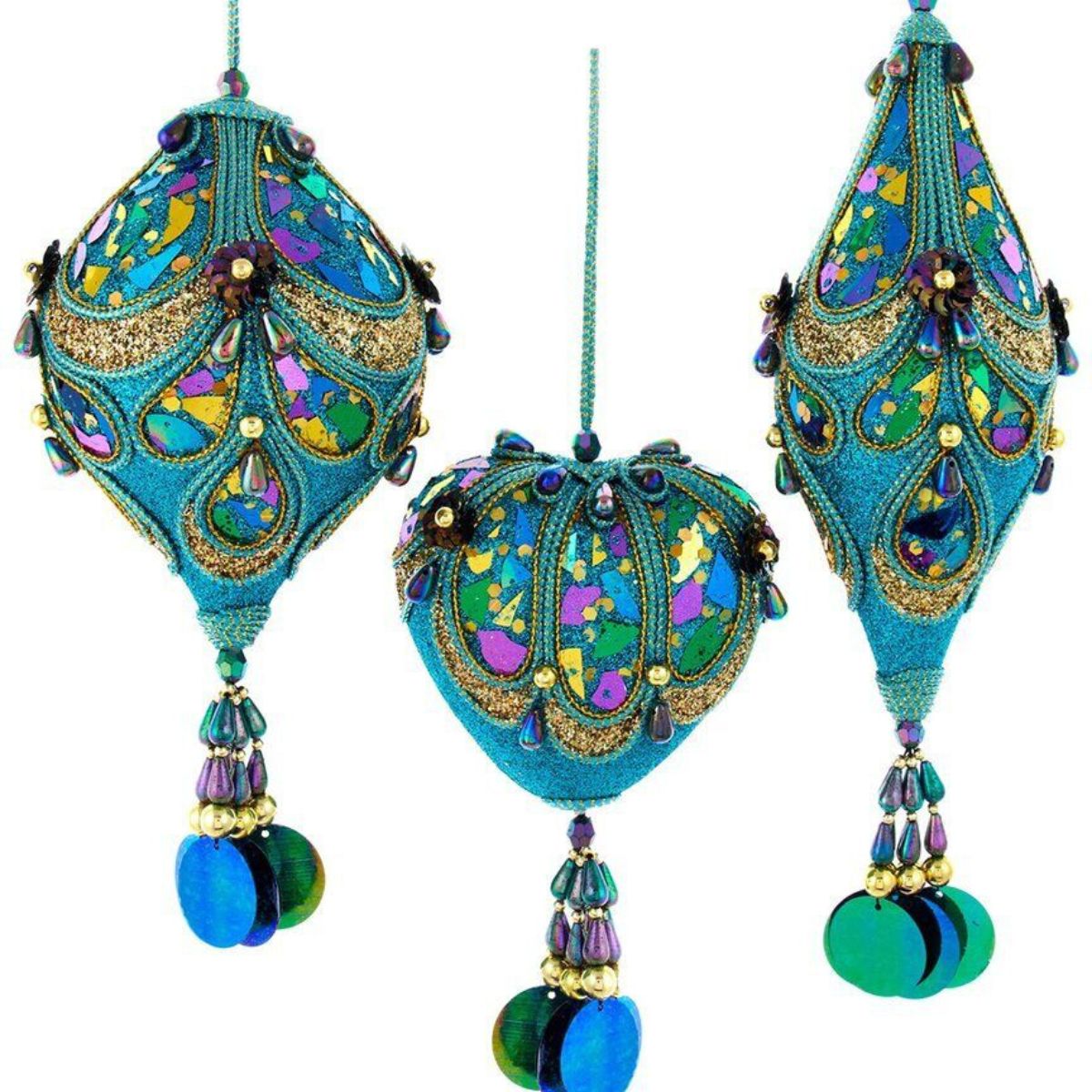 Attractive Peacock Heart, Onion and Finial Christmas Ornaments 3 pcs