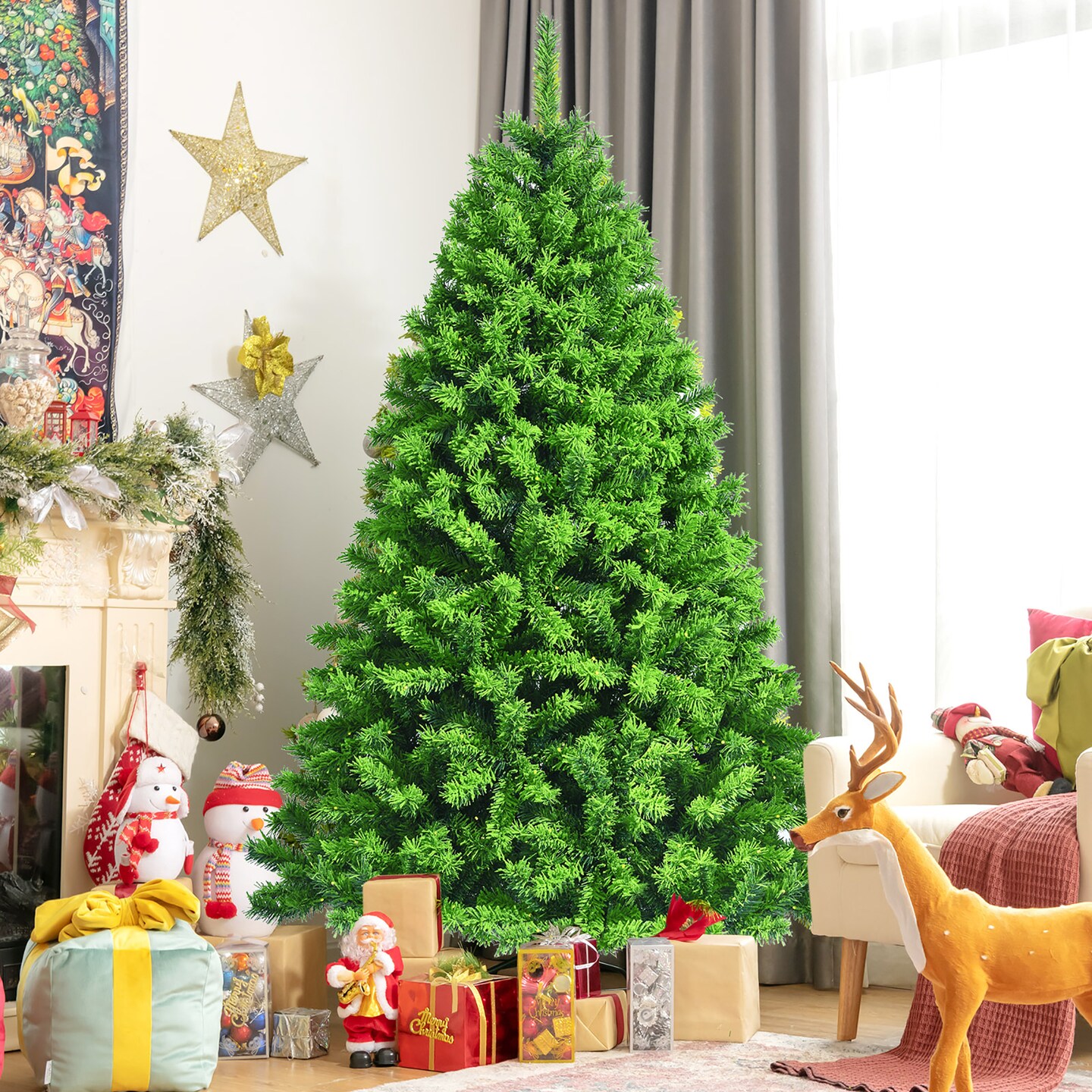 Costway 4.5FT/6.5FT/7.5FT Pre-Lit Hinged Christmas Tree Green Flocked with 392/924/1404 Tips &#x26; 150/370/530 LED Lights