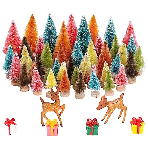Yookat 51Pcs Mini Pine Trees Artificial Mini Trees with Wood Base Sisal Trees Bottle Brush Trees