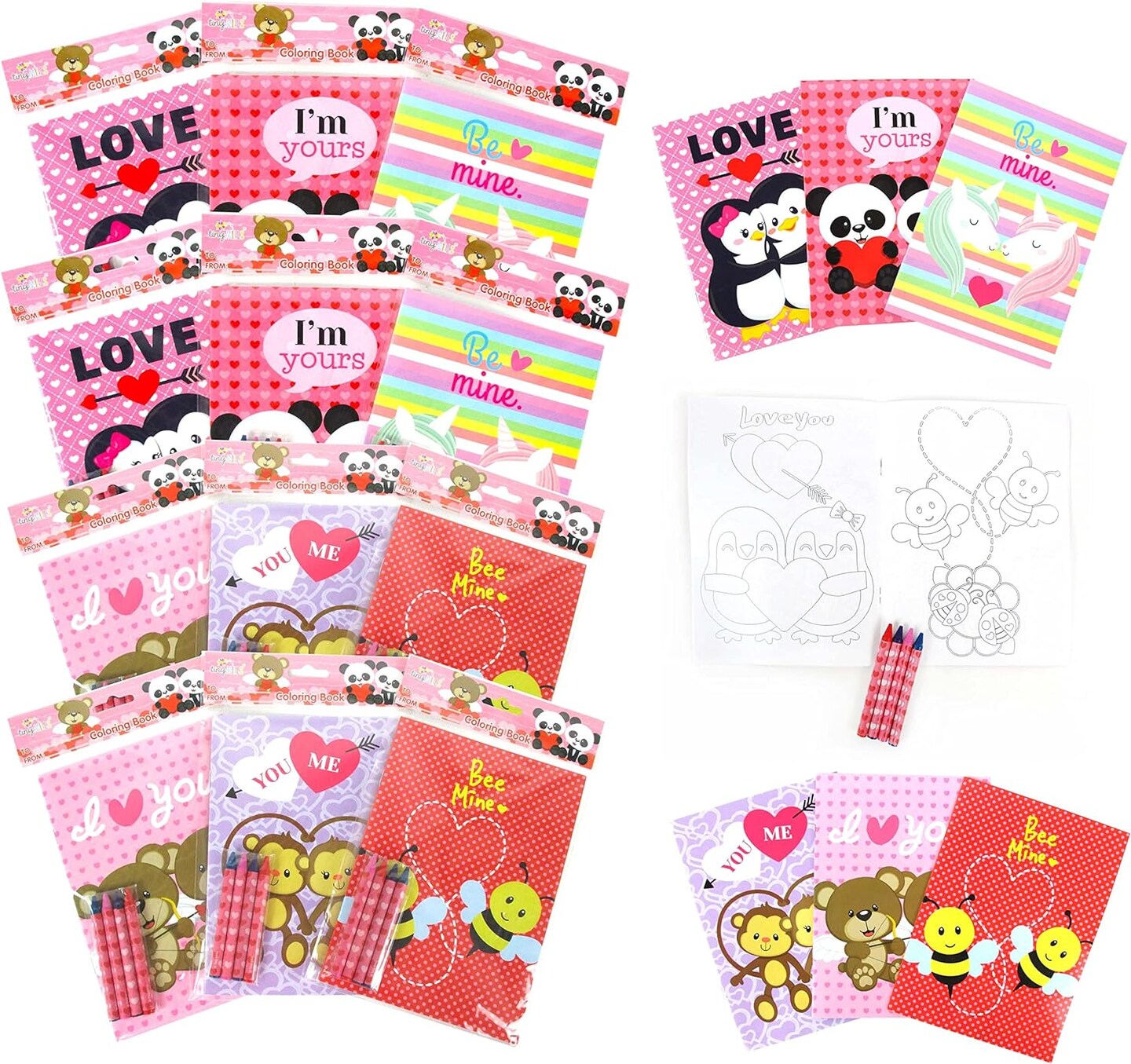 TINYMILLS Valentine's Day Coloring Book and Crayon Set for Kids Party Favors with 12 Coloring Books and 48 Crayons for Valentine's Day Party