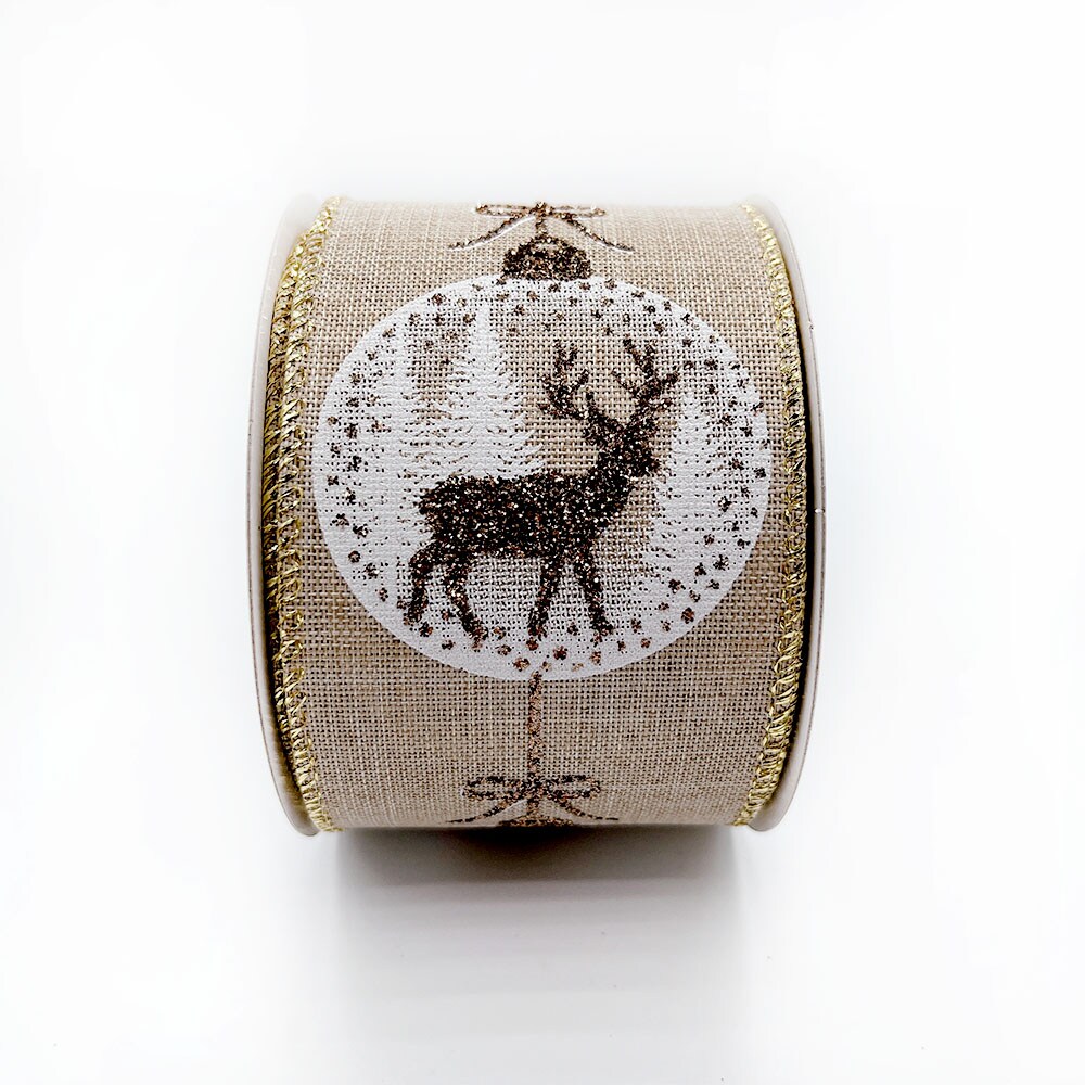 Holiday Reindeer Ornaments Burlap wired edge ribbons, 2.5" x 10 yards