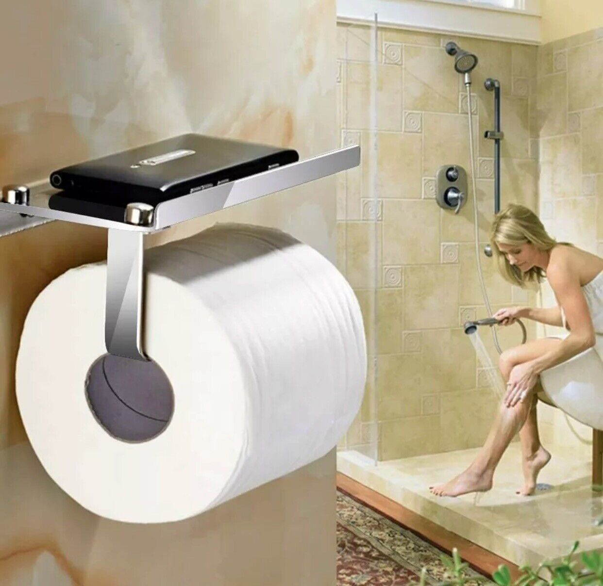 Toilet Paper Holder with Mobile Phone Storage Shelf Holders .