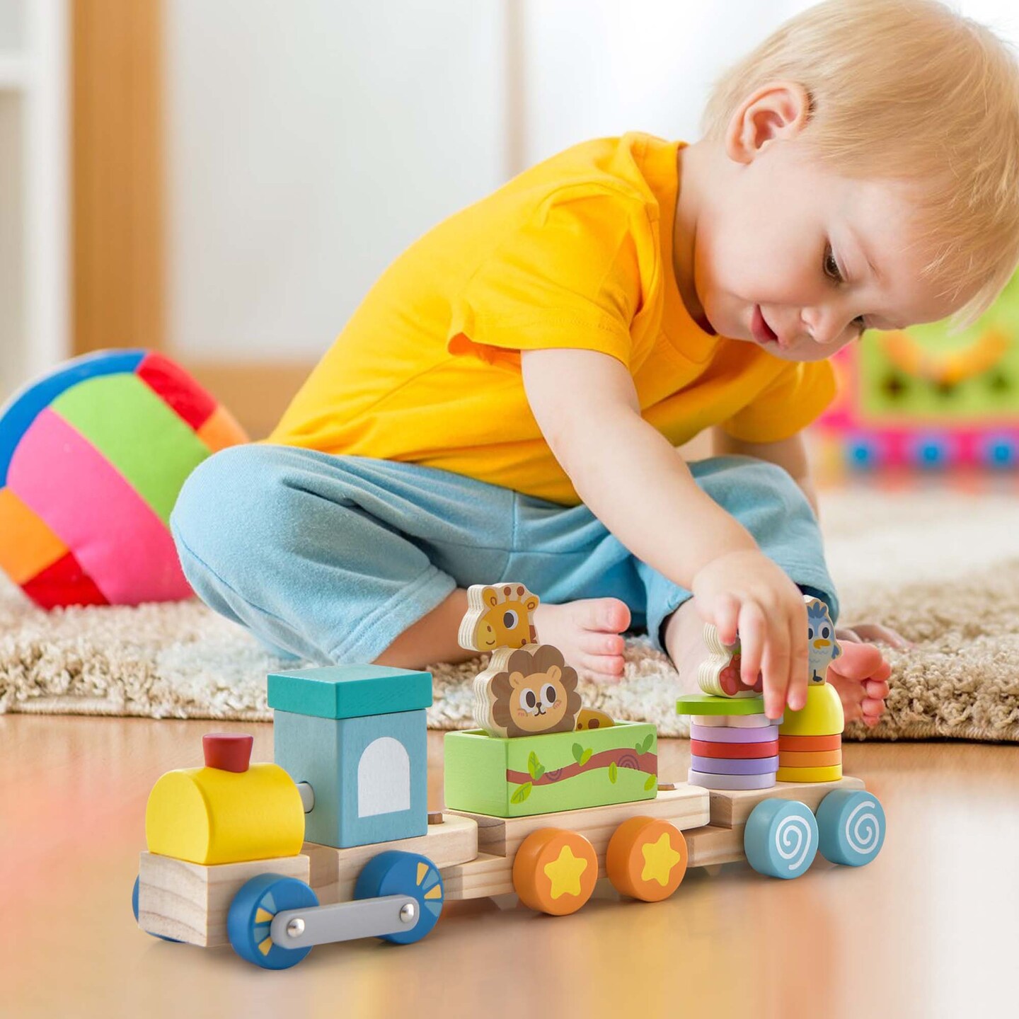 Costway Wooden Stackable Train Set Kids Educational Fun Cars with Animal Toys &#x26; Locomotive