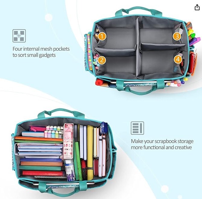 Scrapbooking Carrying Case Storage Caddy with Handle for Sewing, Art, Desktop, Baby Care Supplies (Emerald Illusions) Large Craft Storage Tote Bag with Multiple Pockets