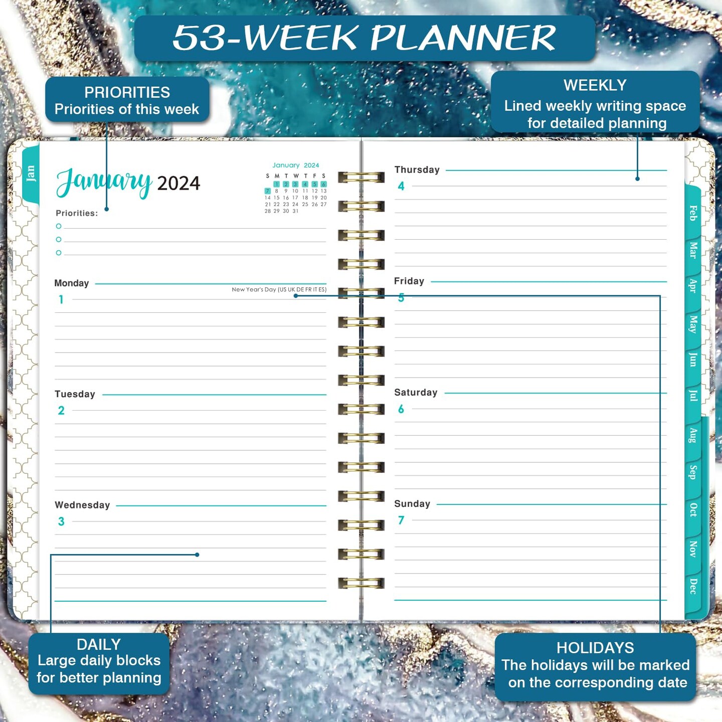 2024 Planner - 2024 Planner Weekly and Monthly, 2024 Calendar Planner from Jan 2024 to Dec 2024, Planner 2024 with, Inner Pocket, Tabs